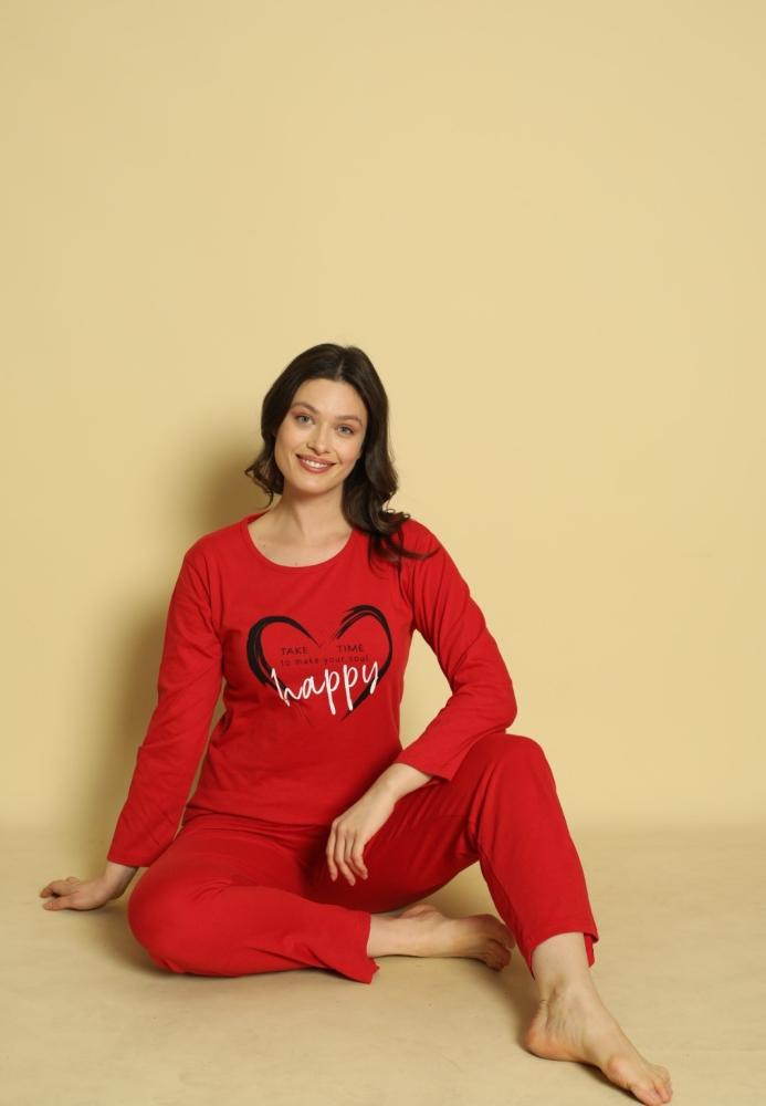 Pijama dama Serena-maneca lunga si pantalon lung, culoare rosu ,Engros